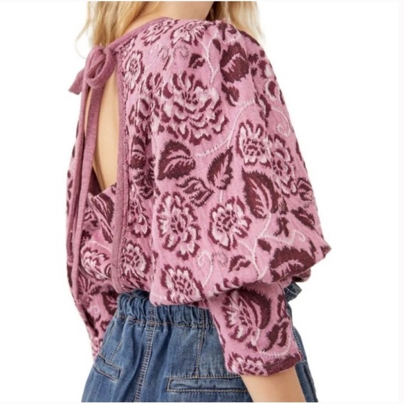 Free People No Ordinary Floral Jacquard Knit Puff Sleeves Top Pink Open Back - Picture 3 of 16